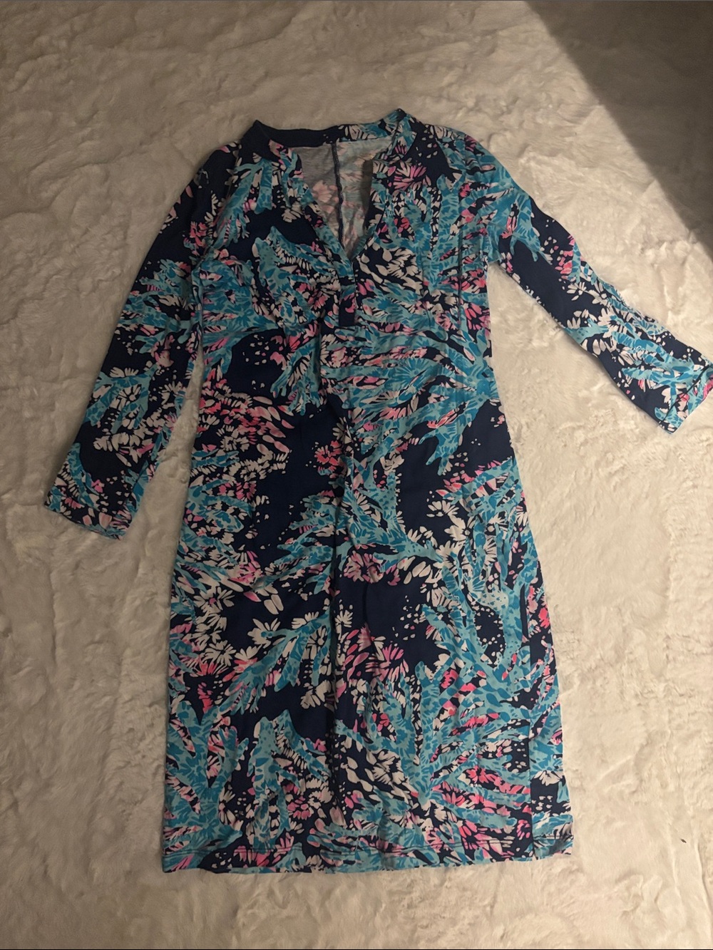 Lilly Pulitzer Navy, Turquoise & Pink Long Sleeve V-Neck Dress